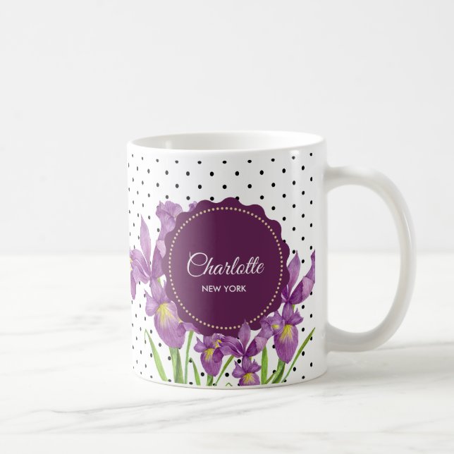 Watercolor Purple Iris Black White Polka Dots Coffee Mug (Right)