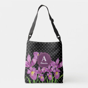 Watercolor Purple Iris Black White Polka Dots Crossbody Bag