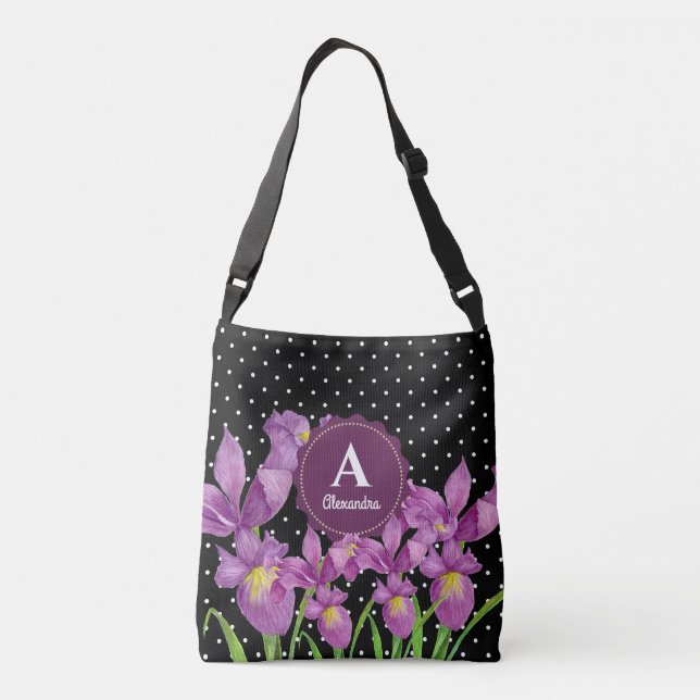 Watercolor Purple Iris Black White Polka Dots Crossbody Bag (Back)