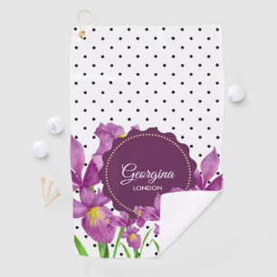 Watercolor Purple Iris Black White Polka Dots Golf Towel