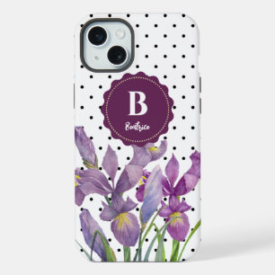 Watercolor Purple Iris Black White Polka Dots iPhone 15 Plus Case