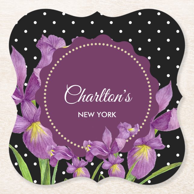 Watercolor Purple Iris Black White Polka Dots Paper Coaster (Front)