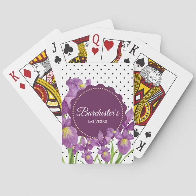 Watercolor Purple Iris Black White Polka Dots Playing Cards (Back)