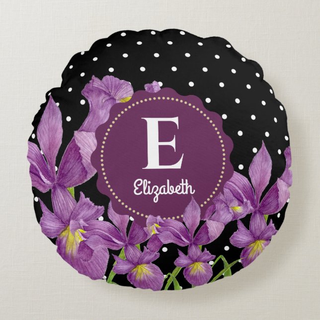 Watercolor Purple Iris Black White Polka Dots Round Cushion (Front)