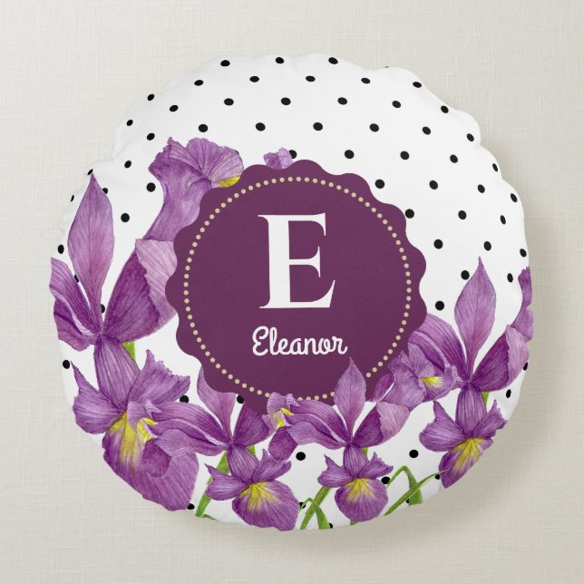 Watercolor Purple Iris Black White Polka Dots Round Cushion (Front)