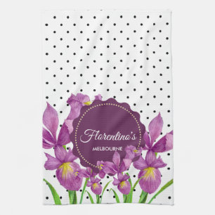 Watercolor Purple Iris Black White Polka Dots Tea Towel