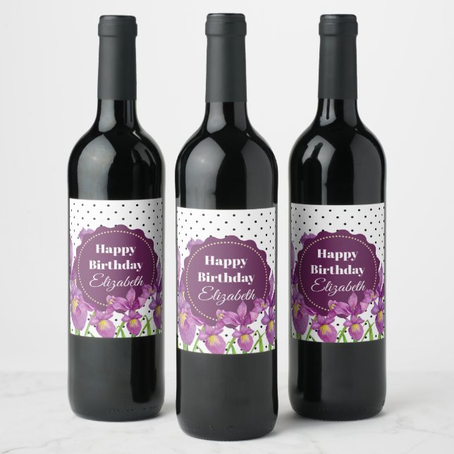 Watercolor Purple Iris Black White Polka Dots Wine Label (Bottles)