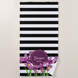 Watercolor Purple Iris Black White Stripes Pattern Beach Towel