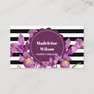 Watercolor Purple Iris Black White Stripes Pattern Business Card