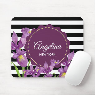 Watercolor Purple Iris Black White Stripes Pattern Mouse Mat