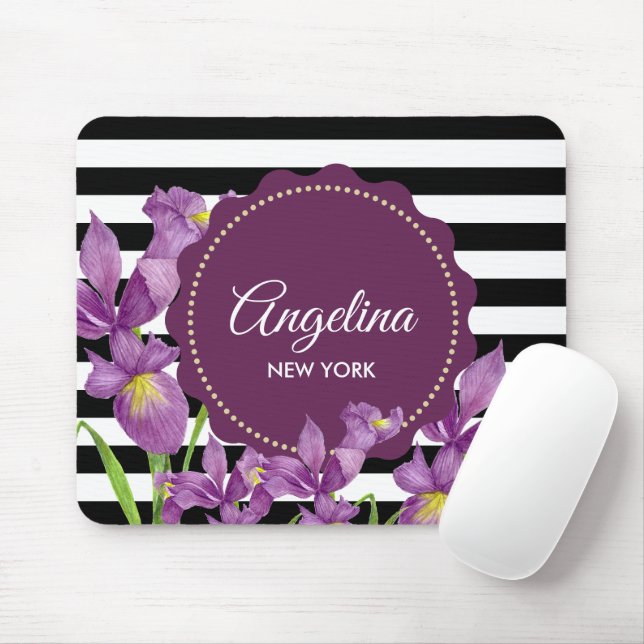 Watercolor Purple Iris Black White Stripes Pattern Mouse Mat (With Mouse)