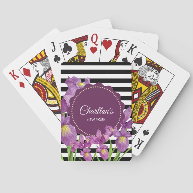 Watercolor Purple Iris Black White Stripes Pattern Playing Cards (Back)