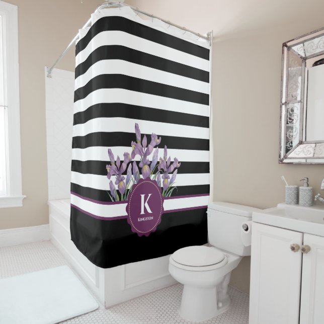 Watercolor Purple Iris Black White Stripes Pattern Shower Curtain (In Situ)