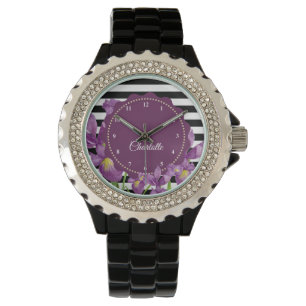 Watercolor Purple Iris Black White Stripes Pattern Watch