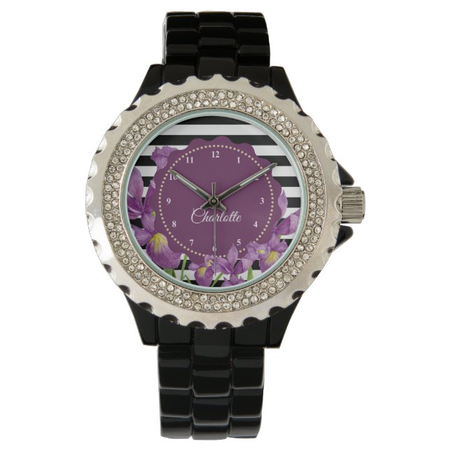 Watercolor Purple Iris Black White Stripes Pattern Watch (Front)