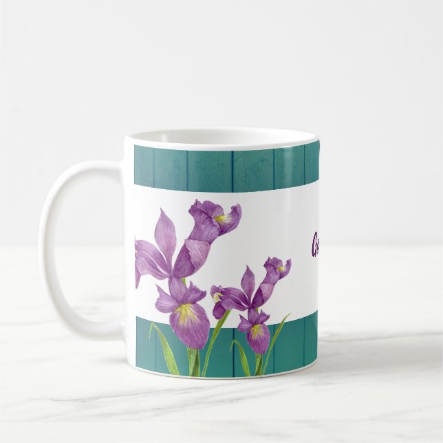 Watercolor Purple Iris Botanical Floral Art Coffee Mug (Left)