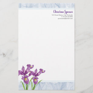 Watercolor Purple Iris Botanical Floral Organza Stationery