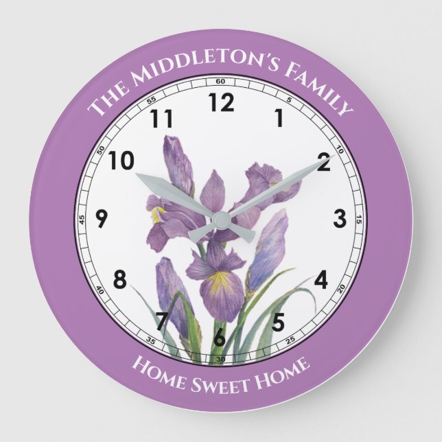 Watercolor Purple Iris Botanical Floral Painting Large Clock (Front)