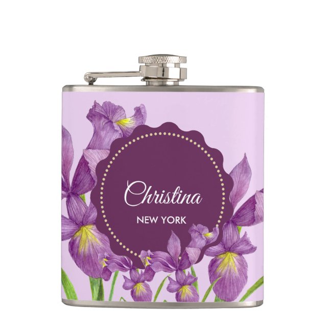 Watercolor Purple Iris Botanical Illustration Hip Flask (Front)