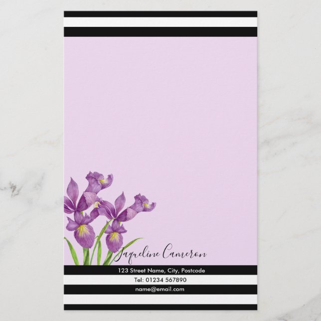 Watercolor Purple Iris Botanical Illustration Stationery (Front)