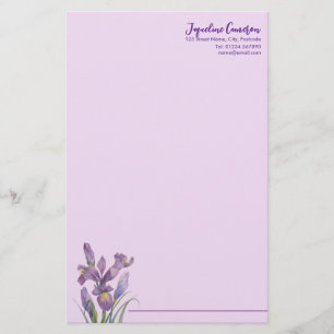 Watercolor Purple Iris Botanical Illustration Stationery