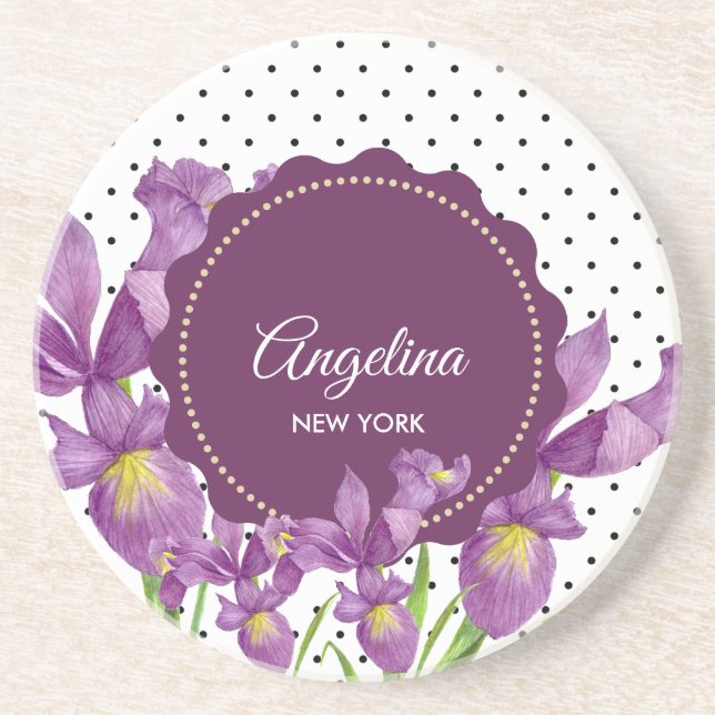Watercolor Purple Iris Botanical Polka Dots Coaster (Front)