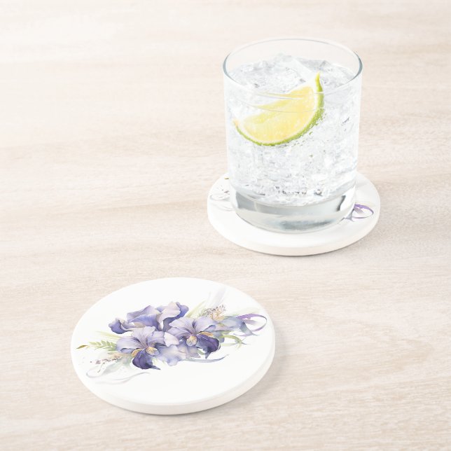 Watercolor Purple Iris Bouquet Coaster (Side)