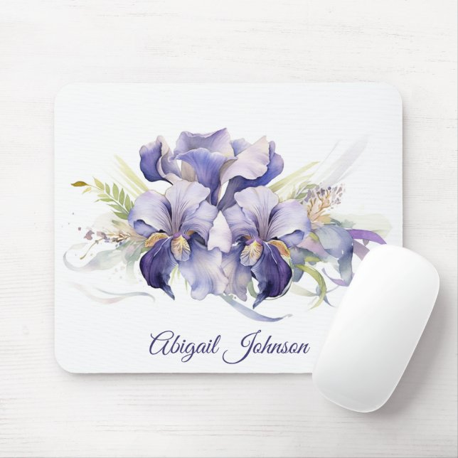 Watercolor Purple Iris Bouquet  Mouse Mat (With Mouse)