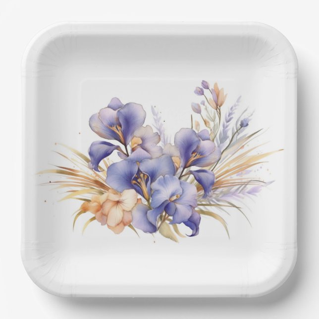 Watercolor Purple Iris Bouquet  Paper Plate (Front)