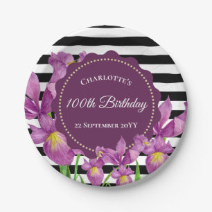 Watercolor Purple Iris Floral Black White Stripes Paper Plate