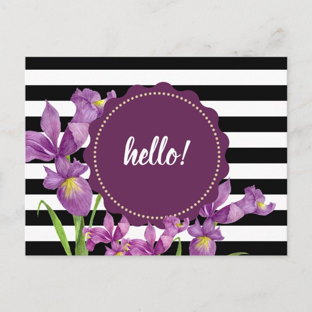 Watercolor Purple Iris Floral Black White Stripes Postcard (Front)