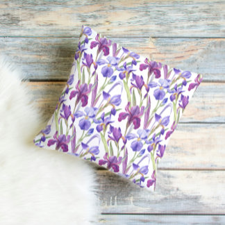 Watercolor Purple Iris Floral Throw Pillow