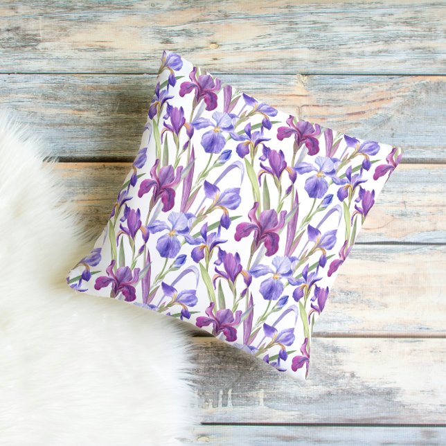 Watercolor Purple Iris Floral Throw Pillow (Creator Uploaded)