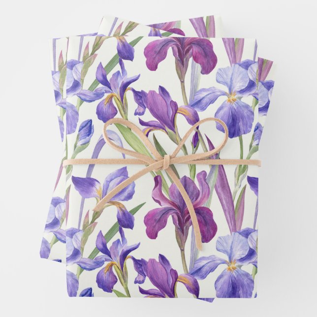 Watercolor Purple Iris Flowers  Wrapping Paper Sheet (In situ)
