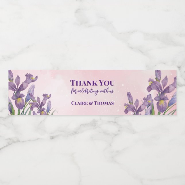 Watercolor Purple Iris Sparkly Pink Background Water Bottle Label (Single Label)