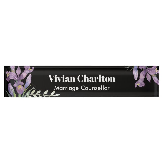 Watercolor Purple Irises Botanical Floral Painting Nameplate (Front)