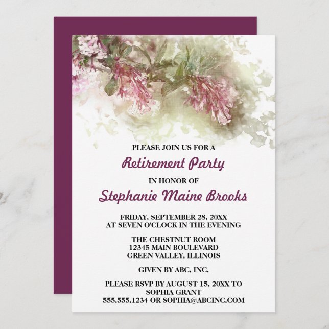 Watercolor Purple Jasmine Retirement Party Invitation (Front/Back)
