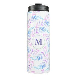 Watercolor Purple Laurels Foliage with Initial Thermal Tumbler