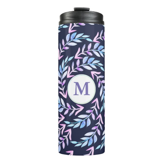 Watercolor Purple Laurels Foliage with Initial Thermal Tumbler (Front)