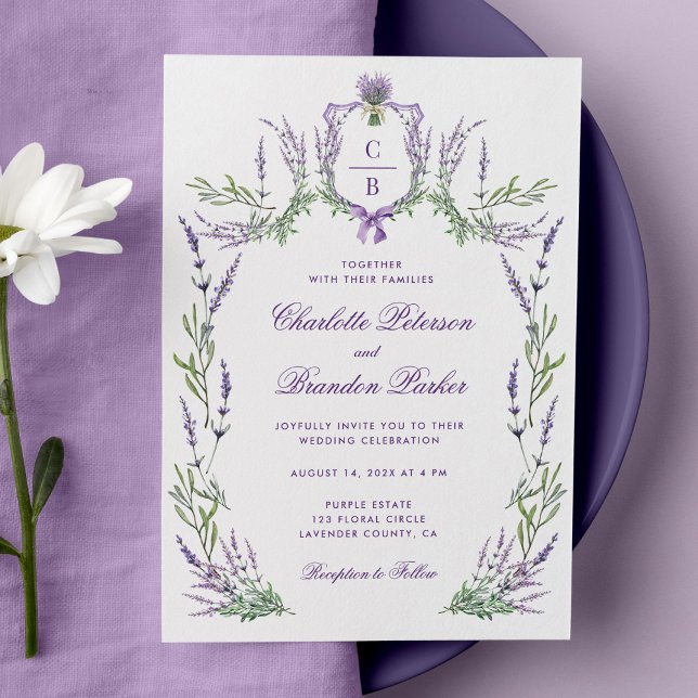 Watercolor Purple Lavender Crest Wedding Invitation (Creator Uploaded)