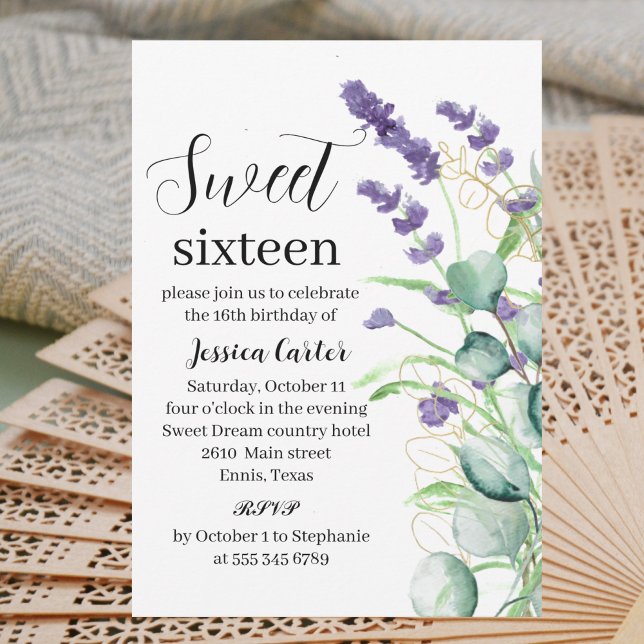Watercolor Purple Lavender Eucalyptus Sweet 16  Invitation (Creator Uploaded)