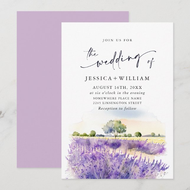 Watercolor Purple Lavender Field Wedding Invitation (Front/Back)