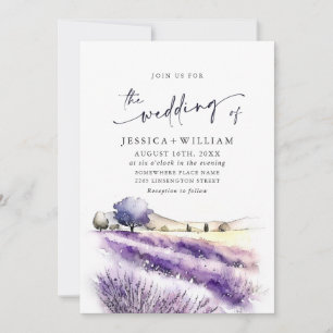 Watercolor Purple Lavender Field Wedding Photo QR Invitation