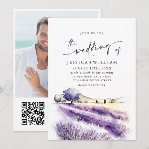 Watercolor Purple Lavender Field Wedding Photo QR Invitation