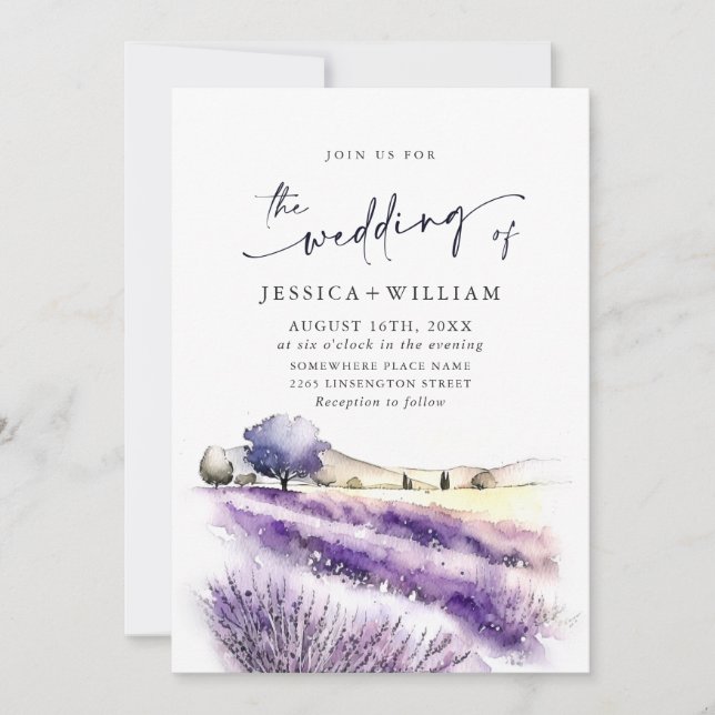 Watercolor Purple Lavender Field Wedding QR code Invitation (Front)