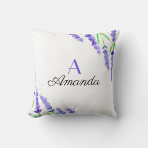 Watercolor Purple Lavender Floral Name Monogram Cushion