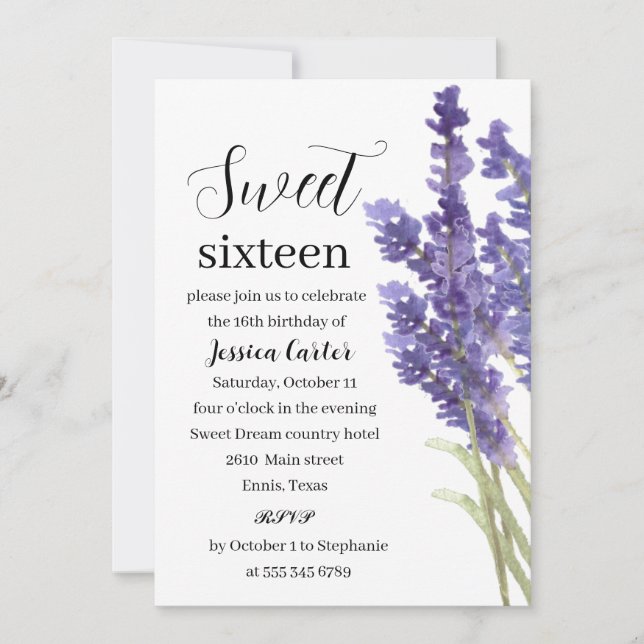 Watercolor Purple Lavender Floral Sweet 16 Sixteen Invitation (Front)