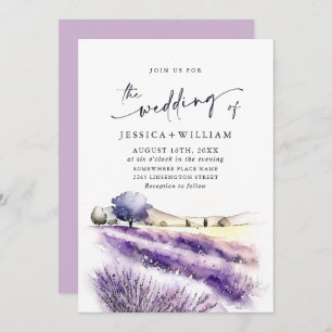 Watercolor Purple Lavender Flowers Field Wedding Invitation