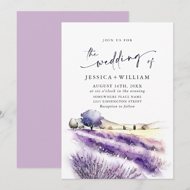 Watercolor Purple Lavender Flowers Field Wedding Invitation (Front/Back)