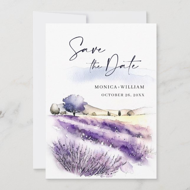 Watercolor Purple Lavender Flowers Field Wedding Save The Date (Front)